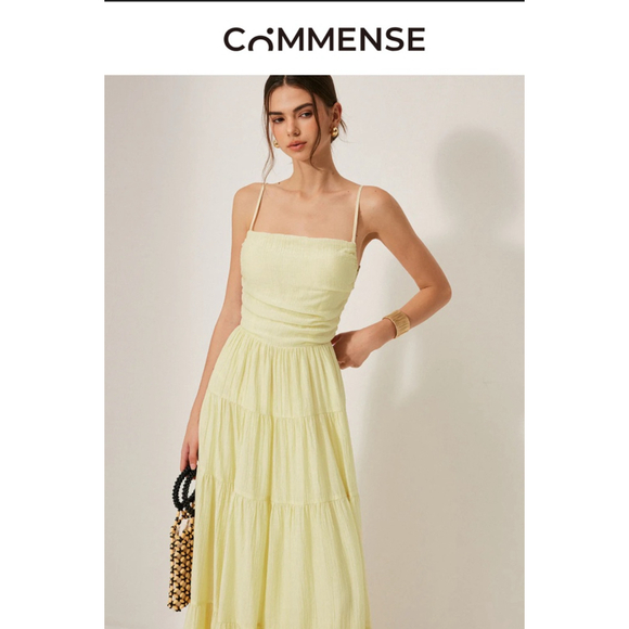 NWT COMMENSE Yellow Pleated Backless Tiered Cami Maxi Dress Size L - Picture 4 of 7